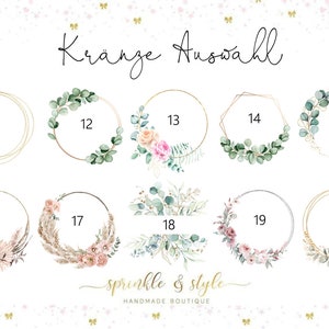 Könnte beinhalten: Eine Auswahl von 10 verschiedenen Kranzdesigns, nummeriert von 11 bis 20. Die Kränze sind aus Grünpflanzen, Blumen und anderen natürlichen Elementen gefertigt. Der Text "Kranze Auswall" befindet sich oben im Bild, und der Text "sprinkle & style HANDMADE BOUTIQUE" befindet sich unten.