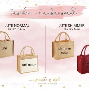 May include: Four jute tote bags, each 26 cm x 22 cm x 14 cm, in various styles and colors. The bags include natural, shimmer, and red options, with text labels like "uni" and "shimmer rot". The image has a pink background.