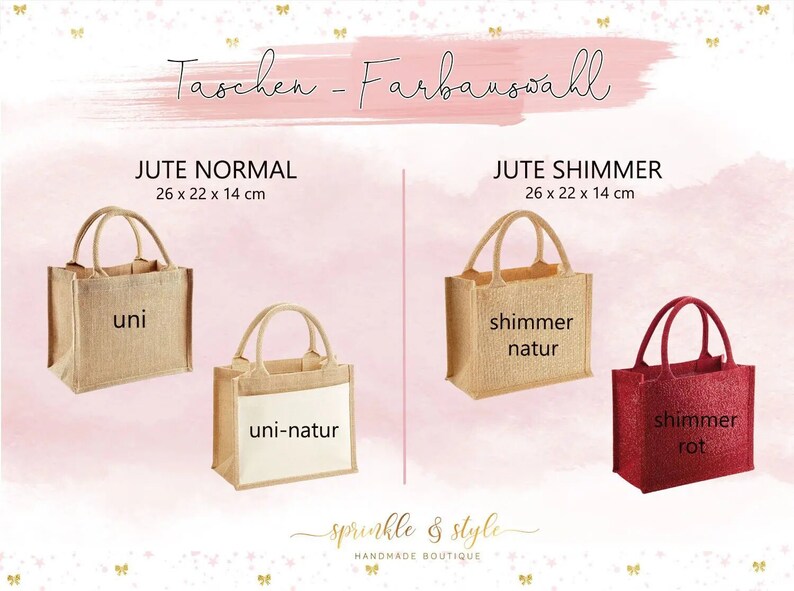 May include: Four jute tote bags, each 26 cm x 22 cm x 14 cm, in various styles and colors. The bags include natural, shimmer, and red options, with text labels like "uni" and "shimmer rot". The image has a pink background.