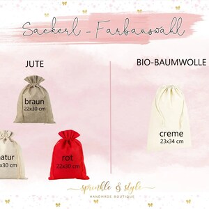 May include: An image showcasing a selection of drawstring bags in various colors and materials. The bags include jute and organic cotton options, with sizes ranging from 22x30 cm to 23x34 cm. The text on the image reads "Sackerl-Farbauswahl."