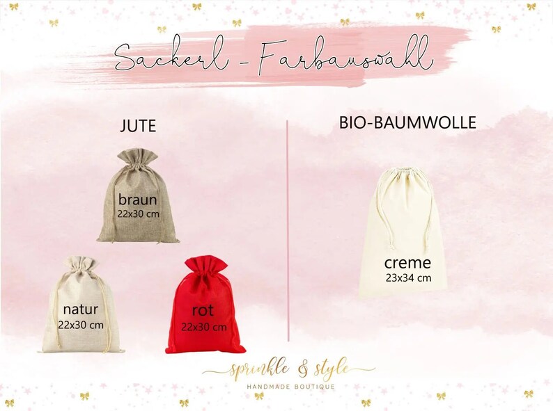 May include: An image showcasing a selection of drawstring bags in various colors and materials. The bags include jute and organic cotton options, with sizes ranging from 22x30 cm to 23x34 cm. The text on the image reads "Sackerl-Farbauswahl."