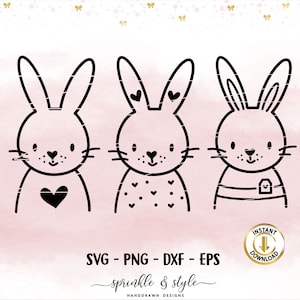 Pode incluir: Três desenhos em preto e branco de coelhos com diferentes designs. O primeiro coelho tem um coração no peito. O segundo coelho tem um padrão de corações no peito. O terceiro coelho tem um padrão listrado no peito.