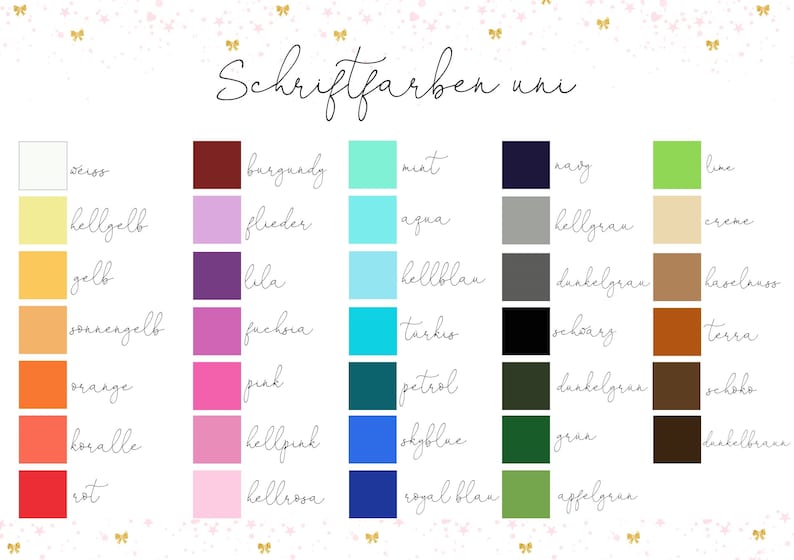 Puede incluir: Un gr&aacute;fico con muestras de color y etiquetas de texto en alem&aacute;n para diferentes colores. Los colores incluyen blanco, amarillo, naranja, rojo, rosa, morado, azul, verde, marr&oacute;n y gris.