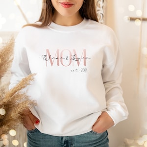 May include: White sweatshirt with the word "MOM" in a pink font, with the names "Elias & Loues" in a cursive font above and "est. 2018" below. The sweatshirt is a long-sleeved crew neck.