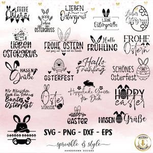 Puede incluir: Una colección de 16 archivos de corte SVG de temática pascual en blanco y negro. Los diseños incluyen conejos, huevos y texto en inglés y alemán. El texto incluye frases como "Happy Easter", "Frohe Ostern" y "Hoppelnde Grüße".