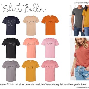 May include: A collection of Bella brand T-shirts in various colors, including white, navy blue, peach, and orange. Each shirt has a script word on the front. The image also shows people wearing the shirts.
