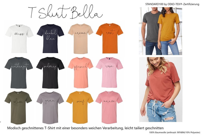 May include: A collection of Bella brand T-shirts in various colors, including white, navy blue, peach, and orange. Each shirt has a script word on the front. The image also shows people wearing the shirts.
