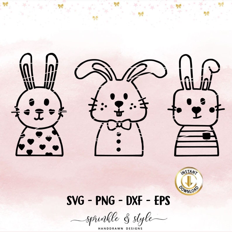 Puede incluir: Tres ilustraciones de conejos en blanco y negro con diferentes dise&ntilde;os. Un conejo tiene patrones de corazones, otro lleva una pajarita y el tercero una camisa a rayas. La imagen incluye el texto "SVG - PNG - DXF - EPS" y "sprinkle & style".