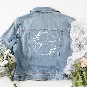 Strykbar kransdesign för jeansjacka, möhippa | Personlig stryköverföring med namn | Textildesign | Stryköverföring för brud för möhippa | Bröllopsdekoration