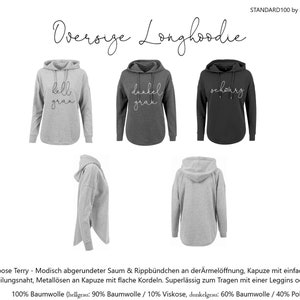 May include: Oversized long hoodies in light grey, dark grey, and black. Each hoodie has a hood and long sleeves. The text "bell gran", "dunkel gran", and "schwarz" are printed on the front. Made of cotton and polyester.