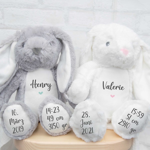 Kuscheltier Hase personalisiert mit Namen Geburtsdatum | Ostern | Geschenk zur Geburt | Geburtstag | Geschenke Kinder | Stofftier