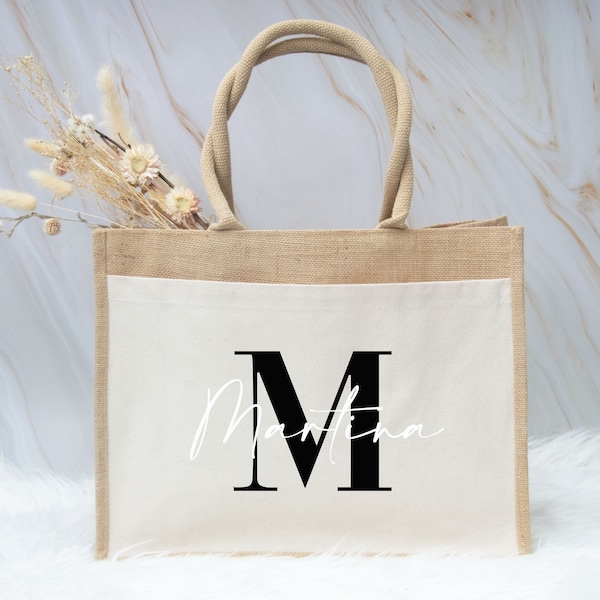 Jute Tasche mit Name und Initial, personalisierte Jutetasche, Weihnachtsgeschenk, Geschenkstasche Individuelle Geschenke, Einkaufstasche