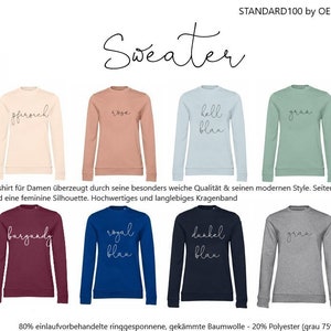 May include: A display of crew neck sweatshirts in various colors, including white, beige, rose, light blue, green, and purple. Each sweatshirt has a script word on the front. The word "Sweater" is at the top.