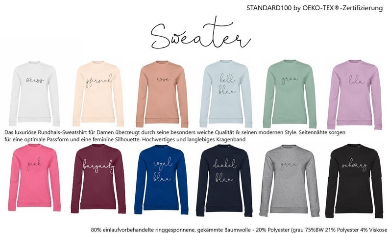 May include: A display of crew neck sweatshirts in various colors, including white, beige, rose, light blue, green, and purple. Each sweatshirt has a script word on the front. The word "Sweater" is at the top.