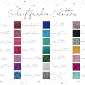 Pode incluir: Um gr&aacute;fico que mostra diferentes cores de glitter com o texto "Schriftfarben Glitter" no topo. As cores incluem branco, arco-&iacute;ris, ouro claro, ouro velho, ouro, cobre, vermelho, bord&ocirc;, ouro rosa, preto, rosa, lavanda, roxo, azul velho, real, &aacute;gua-marinha, jade, esmeralda, grama, prata, prata preto, confete, holo prata, holo ouro, holo rosa, holo rosa e holo bellblan.