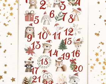 Adventskalender Bügelbilder & Säckchen Set – 24 DTF Bügelmotive oder 24 Baumwollsäckchen 10x15 cm, Weihnachten DIY