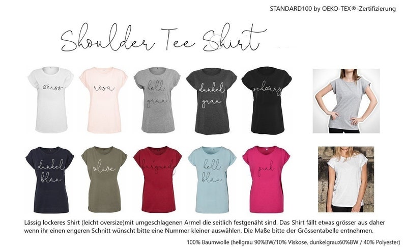 May include: A collection of shoulder tee shirts in various colors, including white, pink, gray, black, navy, olive, burgundy, light blue, and fuchsia. Each shirt has a different word in cursive script. The text "Shoulder Tee Shirt" is at the top.