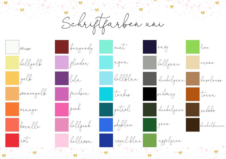 May include: A chart with color swatches and German text labels for different colors. The colors include white, yellow, orange, red, pink, purple, blue, green, brown, and gray.