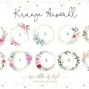 Może przedstawiać: Dziesięć różnych wzorów wieńców kwiatowych z złotymi ramami. Wieńce są ozdobione różowymi, białymi i zielonymi kwiatami. Tekst "Kranze Auswahl" znajduje się w górnej części obrazu. Tekst "sprinkle & style HANDMADE BOUTIQUE" znajduje się w dolnej części obrazu.