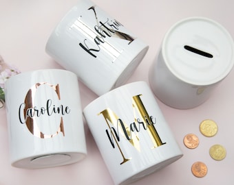 Money box personalized with initial and name, gift for birth, piggy bank with name, Christmas gift for women