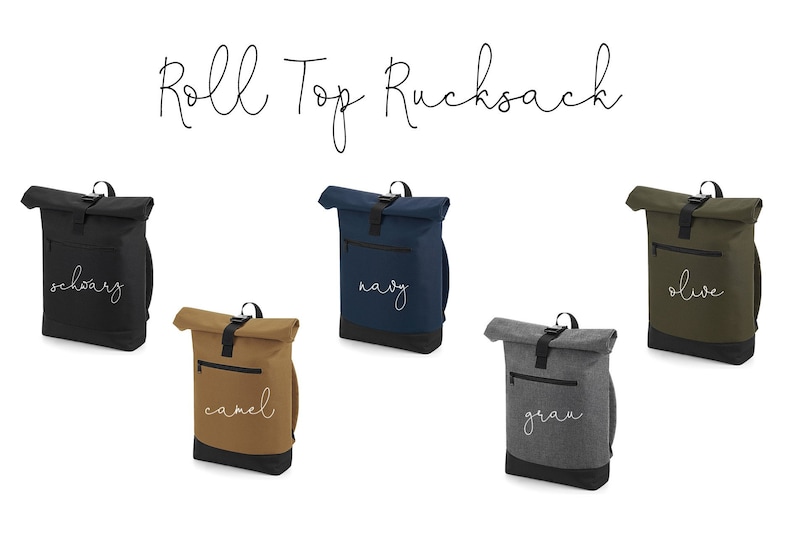 May include: Five roll top backpacks in different colors: black, navy, camel, gray, and olive. Each backpack has a white embroidered word on the front: "schwarz", "navy", "camel", "grau", and "olive".