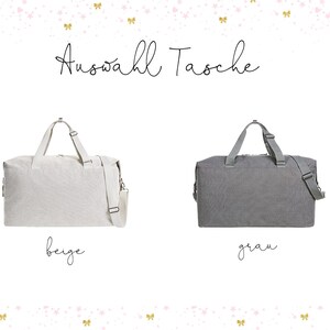 Puede incluir: Dos bolsas de viaje, una beige y una gris, con el texto "Auswahl Tasche" encima. La bolsa beige est&aacute; a la izquierda y la bolsa gris est&aacute; a la derecha. El texto "beige" est&aacute; debajo de la bolsa beige y el texto "grau" est&aacute; debajo de la bolsa gris.
