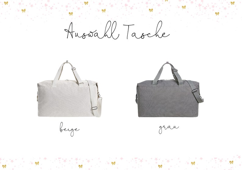 Puede incluir: Dos bolsas de viaje, una beige y una gris, con el texto "Auswahl Tasche" encima. La bolsa beige est&aacute; a la izquierda y la bolsa gris est&aacute; a la derecha. El texto "beige" est&aacute; debajo de la bolsa beige y el texto "grau" est&aacute; debajo de la bolsa gris.