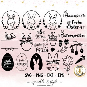 May include: A set of 16 black and white Easter bunny and egg illustrations. The illustrations include bunnies with flowers, eggs with text, and other Easter-themed designs. The text includes "Frohe Ostern", "Hasenpost", "Ostergrüße", and "frohe Ostern".
