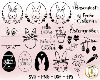 Plotterdatei Ostern, Frohe Ostern, Laserdatei Ostern, Cricut, Osterhase png, Frühling PNG, Clipart Hase dxf, eps, Deutsche Sprüche Digistamp