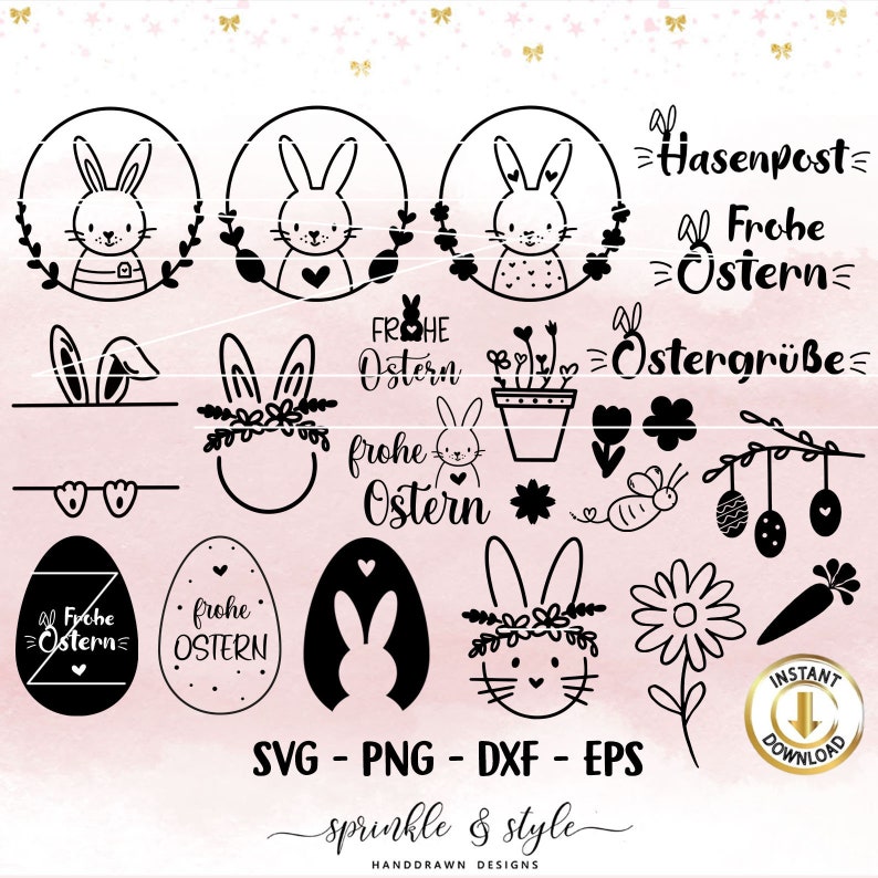 May include: A set of 16 black and white Easter bunny and egg illustrations. The illustrations include bunnies with flowers, eggs with text, and other Easter-themed designs. The text includes "Frohe Ostern", "Hasenpost", "Ostergr&uuml;&szlig;e", and "frohe Ostern".