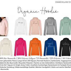 May include: A selection of organic hoodies in various colors, including pink, white, gray, and black. Each hoodie features a hood and long sleeves. The text "Organic Hoodie" is displayed at the top of the image.