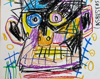 Originele abstracte hoofdtekening Jean Michel Basquiat, ondertekende mixed media-kunst