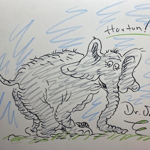 Nachlass gefundene Zeichnung, Original, Gemälde, Kunst, Kunstwerk, Katze mit Hut, grüne Eier und Schinken, Dr. Geisel, Horton