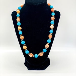 Antique silver, carved turquoise and coral beaded necklace with antique decorative clasp