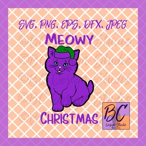 Puede incluir: Gato morado con un gorro de Pap&aacute; Noel verde con el texto "MEOWY CHRISTMAS" y un logotipo que dice "BC Design Studio" en un cuadrado blanco con un borde morado.