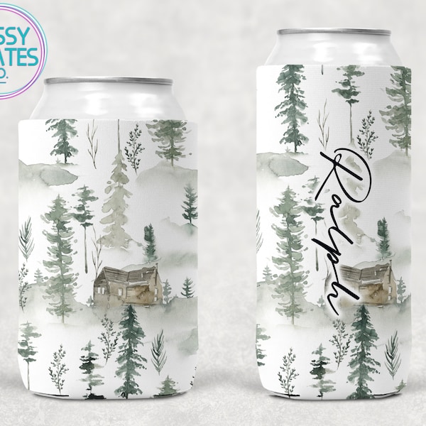 Cabin in the Woods Can Cooler, Forest Slim Beer, Mountains Personalized Drink Hugger, Nature, Country Neoprene, Custom Bachelor Party Favor