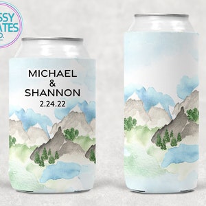 Mountain Wedding Personalized Can Cooler, Custom Woods Bachelor Party Favor, Family Reunion Camping Weekend, Pacific Northwest Event Decor