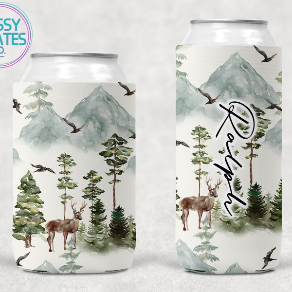 Deer in the Woods Can Cooler, Forest Beer, Mountains Personalized Drink Hugger, Nature gift for him, Country, Custom Bachelor Party Favor