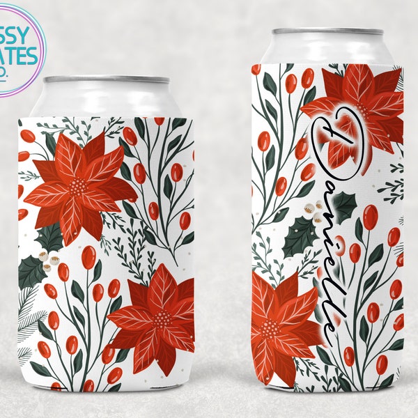 Red Flower Can Cooler, Holiday Poinsettia Gift, Cute Festive Beer, Personalized Drink Hugger, Seasonal Floral Seltzer, Slim Seltzer Cozie