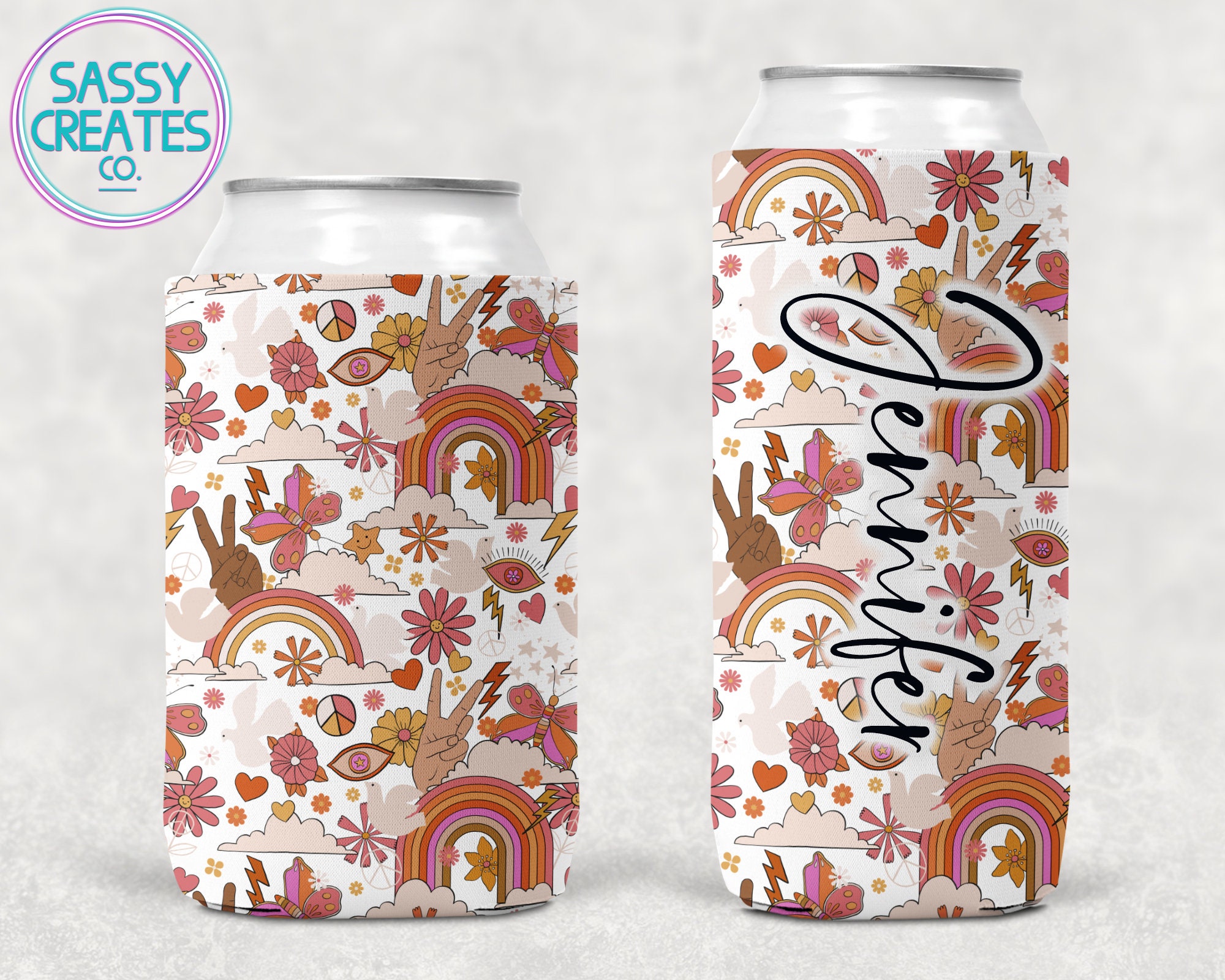 Retro 60s Can Cooler Personalized Peace Coolie Vintage Birthday Drink Holder Groovy Bachelorette Custom 70s Party Decor