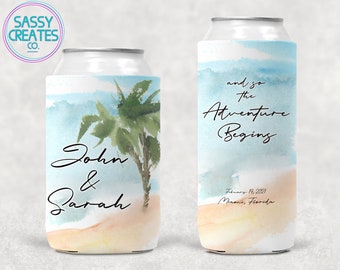 Personalized Adventure Awaits Wedding Can Cooler - Tropical Palm Tree Cozie for Coastal Beach Destination Bridal Gift or Seaside Party Favor