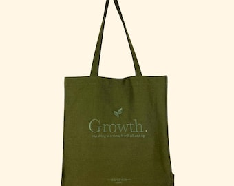グリーン刺繍トートバッグ（成長） - コットンキャンバスショッピングバッグ、彼女へのギフト、毎日使えるショルダートート、再利用可能なマーケットバッグ