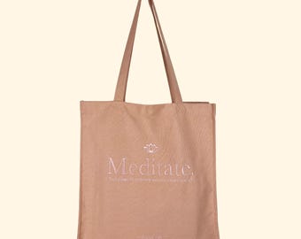 Bolsa de mano bordada en rosa pastel (meditación): bolsa de compras de lona de algodón, regalo para ella, bolso de hombro para uso diario, bolsa de mercado reutilizable, l