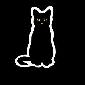 May include: A black cat with yellow eyes sitting on a white background.