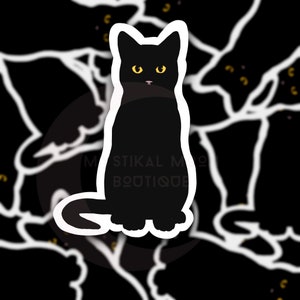May include: Black cat silhouette sticker with yellow eyes. The sticker is on a black background with white outlines of other cats.