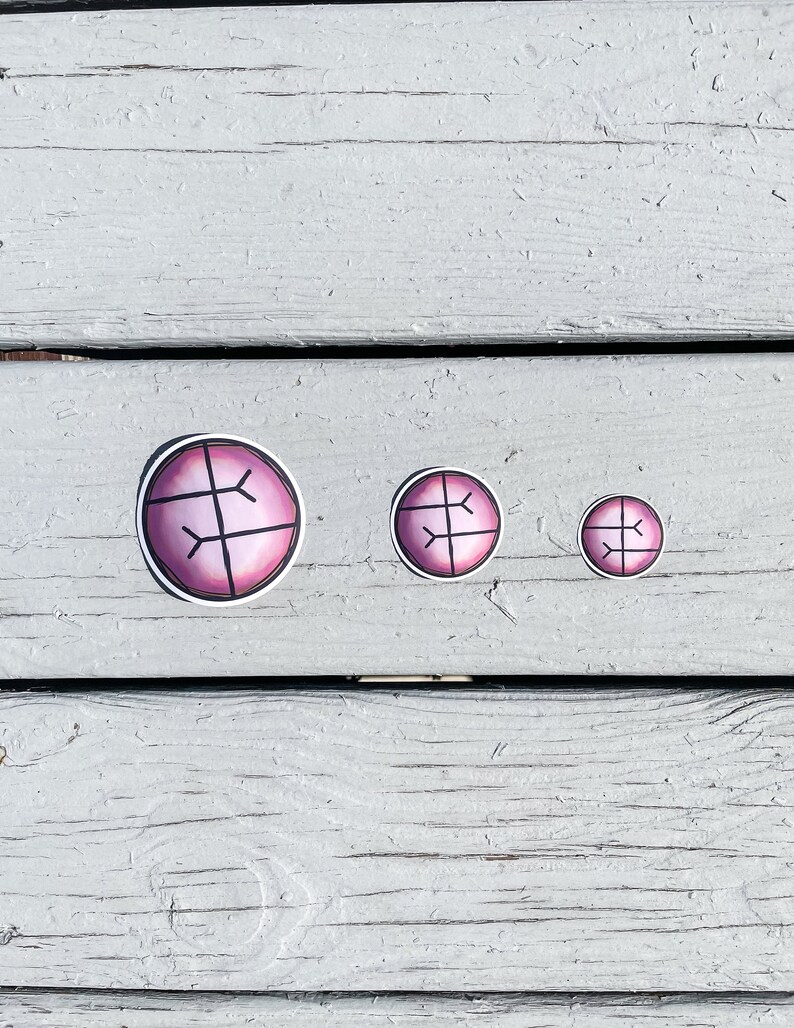 Puede incluir: Tres pegatinas con un dise&ntilde;o rosa y negro. Las pegatinas son circulares con un contorno negro y un centro rosa. Un gr&aacute;fico negro que se asemeja a una ret&iacute;cula est&aacute; en el centro de cada pegatina. Las pegatinas son de diferentes tama&ntilde;os.