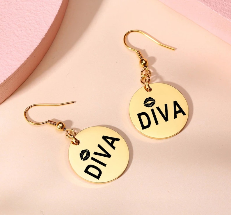 Laser Engraved Earrings Personalized Earrings Silver-Rose Gold Earrings Diva Custom Earrings Diva Earrings