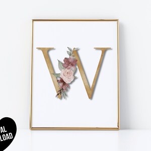 Letter W Wall Art, PRINTABLE Letter Art Print, Initial Wall Art, Floral ...