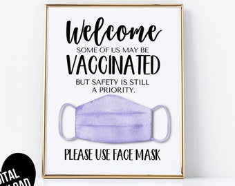 Face Mask Sign, PRINTABLE Wear a Mask Sign, Mask Required, Please Use Face Mask Instant Download, Vaccinated Sign