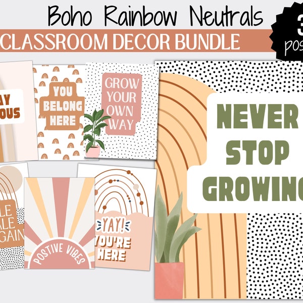 Classroom Decor Bundle, Boho Classroom Decor Elementary Posters, PRINTABLE Growth Mindset Posters